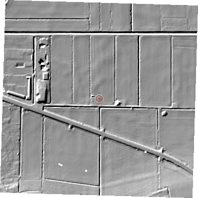 Shaded relief map of the ground around PE166FH, computed from Environment Agency LiDAR. The ground here sits at about -0 m above sea level and falls 12 m across the surrounding 800 m. Surface water reaching this point runs off ground lying to the south, 2.3 m higher.