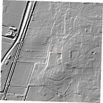 Shaded relief map of the ground around PE166HR, computed from Environment Agency LiDAR. The ground here sits at about 5 m above sea level and falls 14 m across the surrounding 800 m. Surface water reaching this point runs off ground lying to the east-south-east, 4.3 m higher.