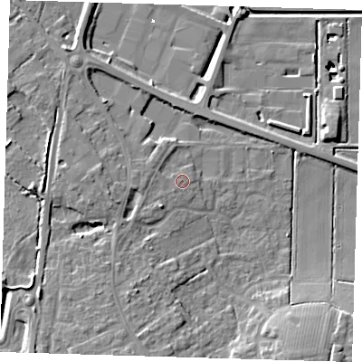 Shaded relief map of the ground around PE166QX, computed from Environment Agency LiDAR. The ground here sits at about 3 m above sea level and falls 14 m across the surrounding 800 m. Surface water reaching this point runs off ground lying to the west, 2.9 m higher.