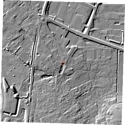 Shaded relief map of the ground around PE166RD, computed from Environment Agency LiDAR. The ground here sits at about 5 m above sea level and falls 11 m across the surrounding 800 m. Surface water reaching this point runs off ground lying to the west-south-west, 2.6 m higher.