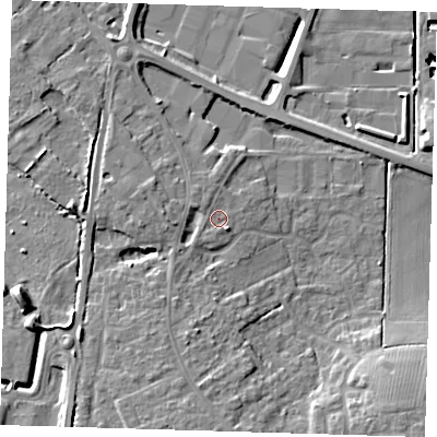 Shaded relief map of the ground around PE166RE, computed from Environment Agency LiDAR. The ground here sits at about 4 m above sea level and falls 15 m across the surrounding 800 m. Surface water reaching this point runs off ground lying to the west, 2.6 m higher.