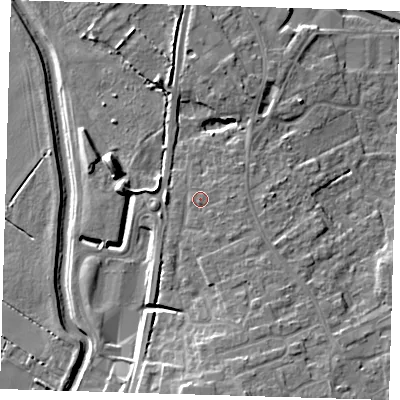 Shaded relief map of the ground around PE166RG, computed from Environment Agency LiDAR. The ground here sits at about 6 m above sea level and falls 10 m across the surrounding 800 m. Surface water reaching this point runs off ground lying to the south-east, 0.7 m higher.