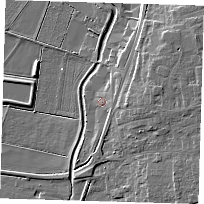 Shaded relief map of the ground around PE166SA, computed from Environment Agency LiDAR. The ground here sits at about 4 m above sea level and falls 12 m across the surrounding 800 m. Surface water reaching this point runs off ground lying to the east-north-east, 2.6 m higher.