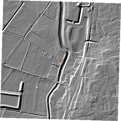 Shaded relief map of the ground around PE166SB, computed from Environment Agency LiDAR. The ground here sits at about 1 m above sea level and falls 12 m across the surrounding 800 m. Surface water reaching this point runs off ground lying to the north-east, 1.1 m higher.