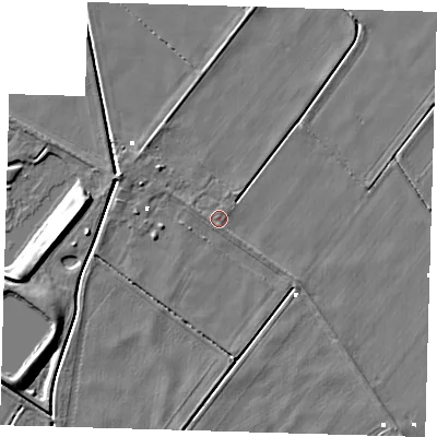 Shaded relief map of the ground around PE166SD, computed from Environment Agency LiDAR. The ground here sits at about 0 m above sea level and falls 7 m across the surrounding 800 m. Surface water reaching this point runs off ground lying to the south, 0.6 m higher.
