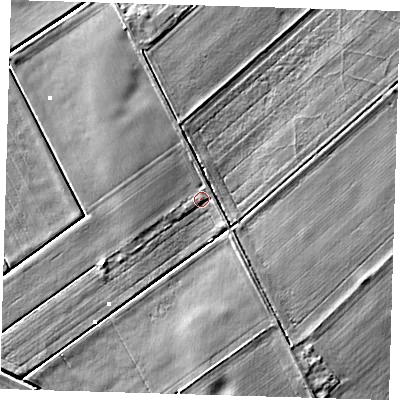 Shaded relief map of the ground around PE166SH, computed from Environment Agency LiDAR. The ground here sits at about 1 m above sea level and falls 5 m across the surrounding 800 m. Surface water reaching this point runs off ground lying to the north-north-west, 2.5 m higher.