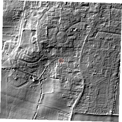 Shaded relief map of the ground around PE166SR, computed from Environment Agency LiDAR. The ground here sits at about 8 m above sea level and falls 12 m across the surrounding 800 m. Surface water reaching this point runs off ground lying to the north-east, 3.6 m higher.