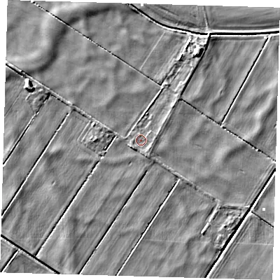 Shaded relief map of the ground around PE166TD, computed from Environment Agency LiDAR. The ground here sits at about -0 m above sea level and falls 6 m across the surrounding 800 m. Surface water reaching this point runs off ground lying to the south-west, 1.1 m higher.