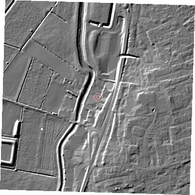 Shaded relief map of the ground around PE166TG, computed from Environment Agency LiDAR. The ground here sits at about 2 m above sea level and falls 12 m across the surrounding 800 m. Surface water reaching this point runs off ground lying to the south-south-east, 3.3 m higher.