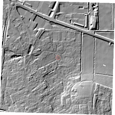 Shaded relief map of the ground around PE166TN, computed from Environment Agency LiDAR. The ground here sits at about 1 m above sea level and falls 14 m across the surrounding 800 m. Surface water reaching this point runs off ground lying to the west-south-west, 3.7 m higher.