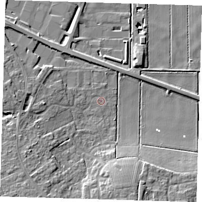 Shaded relief map of the ground around PE166TP, computed from Environment Agency LiDAR. The ground here sits at about 0 m above sea level and falls 14 m across the surrounding 800 m. Surface water reaching this point runs off ground lying to the south-west, 6.1 m higher.