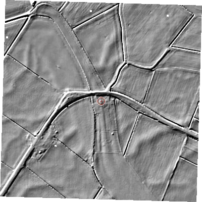 Shaded relief map of the ground around PE166TQ, computed from Environment Agency LiDAR. The ground here sits at about 1 m above sea level and falls 6 m across the surrounding 800 m. Surface water reaching this point runs off ground lying to the north-north-west, 1.7 m higher.