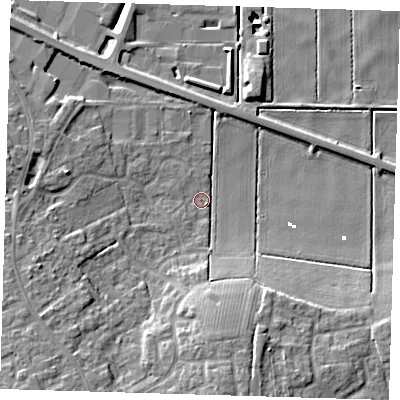 Shaded relief map of the ground around PE166TR, computed from Environment Agency LiDAR. The ground here sits at about 0 m above sea level and falls 14 m across the surrounding 800 m. Surface water reaching this point runs off ground lying to the south, 8.0 m higher.