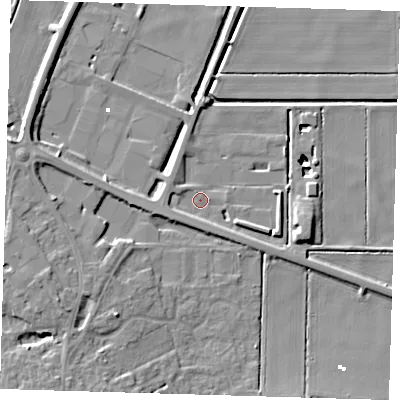 Shaded relief map of the ground around PE166TT, computed from Environment Agency LiDAR. The ground here sits at about -0 m above sea level and falls 12 m across the surrounding 800 m. Surface water reaching this point runs off ground lying to the west-south-west, 3.9 m higher.