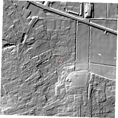 Shaded relief map of the ground around PE166TU, computed from Environment Agency LiDAR. The ground here sits at about 1 m above sea level and falls 10 m across the surrounding 800 m. Surface water reaching this point runs off ground lying to the south-west, 7.6 m higher.