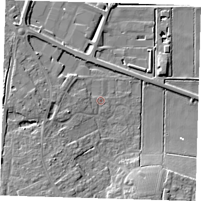 Shaded relief map of the ground around PE166TW, computed from Environment Agency LiDAR. The ground here sits at about 1 m above sea level and falls 14 m across the surrounding 800 m. Surface water reaching this point runs off ground lying to the west-south-west, 4.1 m higher.