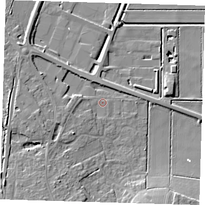 Shaded relief map of the ground around PE166TY, computed from Environment Agency LiDAR. The ground here sits at about 1 m above sea level and falls 13 m across the surrounding 800 m. Surface water reaching this point runs off ground lying to the west-south-west, 5.0 m higher.
