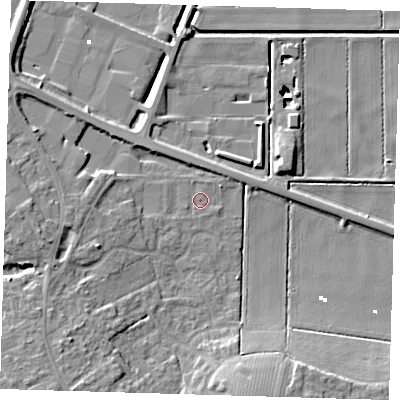 Shaded relief map of the ground around PE166TZ, computed from Environment Agency LiDAR. The ground here sits at about 1 m above sea level and falls 13 m across the surrounding 800 m. Surface water reaching this point runs off ground lying to the west, 5.6 m higher.