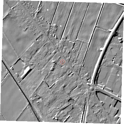 Shaded relief map of the ground around PE166UA, computed from Environment Agency LiDAR. The ground here sits at about 4 m above sea level and falls 9 m across the surrounding 800 m. Surface water reaching this point runs off ground lying to the west, 3.2 m higher.