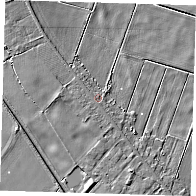 Shaded relief map of the ground around PE166UB, computed from Environment Agency LiDAR. The ground here sits at about 3 m above sea level and falls 9 m across the surrounding 800 m. Surface water reaching this point runs off ground lying to the south, 1.9 m higher.