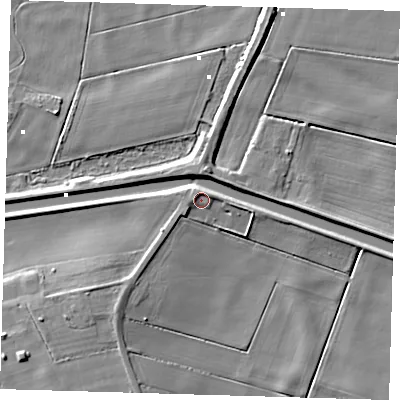 Shaded relief map of the ground around PE166UE, computed from Environment Agency LiDAR. The ground here sits at about 2 m above sea level and falls 8 m across the surrounding 800 m. Surface water reaching this point runs off ground lying to the north-north-west, 1.7 m higher.
