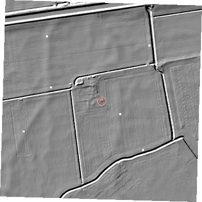 Shaded relief map of the ground around PE166UF, computed from Environment Agency LiDAR. The ground here sits at about 0 m above sea level and falls 5 m across the surrounding 800 m. Surface water reaching this point runs off ground lying to the north-west, 0.9 m higher.