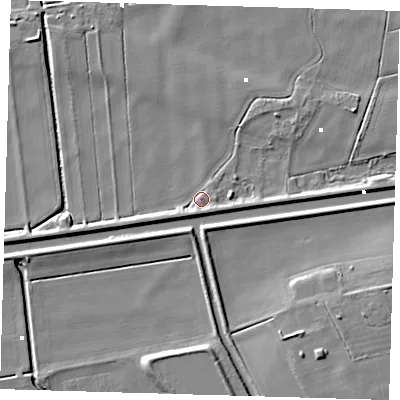 Shaded relief map of the ground around PE166UH, computed from Environment Agency LiDAR. The ground here sits at about 0 m above sea level and falls 8 m across the surrounding 800 m. Surface water reaching this point runs off ground lying to the south-west, 3.1 m higher.