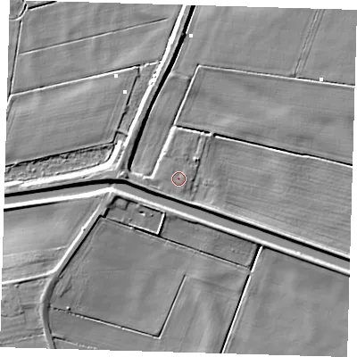 Shaded relief map of the ground around PE166UJ, computed from Environment Agency LiDAR. The ground here sits at about 1 m above sea level and falls 7 m across the surrounding 800 m. Surface water reaching this point runs off ground lying to the west-south-west, 2.0 m higher.