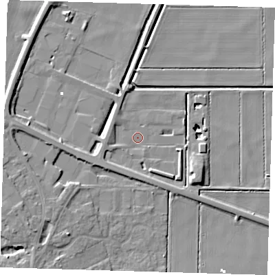 Shaded relief map of the ground around PE166UP, computed from Environment Agency LiDAR. The ground here sits at about -0 m above sea level and falls 12 m across the surrounding 800 m. Surface water reaching this point runs off ground lying to the south-west, 3.9 m higher.