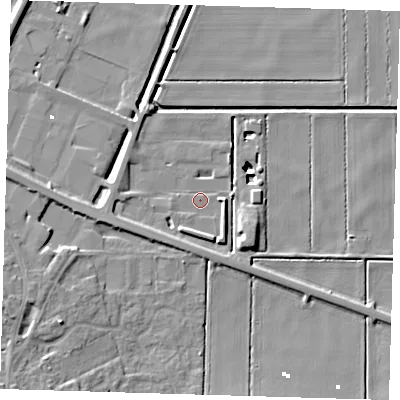 Shaded relief map of the ground around PE166WA, computed from Environment Agency LiDAR. The ground here sits at about -0 m above sea level and falls 12 m across the surrounding 800 m. Surface water reaching this point runs off ground lying to the south-east, 4.6 m higher.