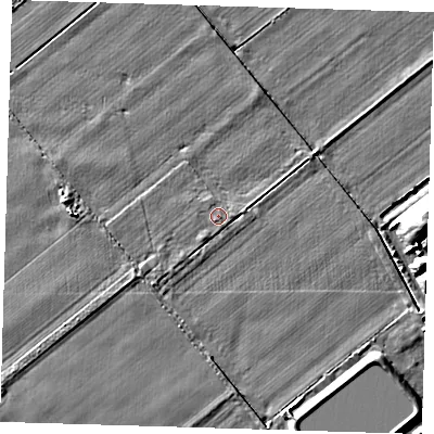 Shaded relief map of the ground around PE166XA, computed from Environment Agency LiDAR. The ground here sits at about 2 m above sea level and falls 11 m across the surrounding 800 m. Surface water reaching this point runs off ground lying to the south-west, 0.7 m higher.