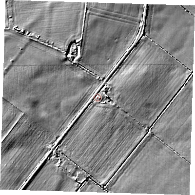 Shaded relief map of the ground around PE166XB, computed from Environment Agency LiDAR. The ground here sits at about 3 m above sea level and falls 5 m across the surrounding 800 m. Surface water reaching this point runs off ground lying to the east, 2.6 m higher.