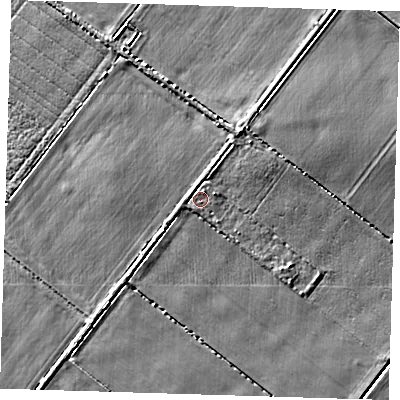 Shaded relief map of the ground around PE166XD, computed from Environment Agency LiDAR. The ground here sits at about 1 m above sea level and falls 4 m across the surrounding 800 m. Surface water reaching this point runs off ground lying to the east-north-east, 1.4 m higher.