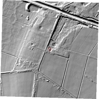 Shaded relief map of the ground around PE166XG, computed from Environment Agency LiDAR. The ground here sits at about 4 m above sea level and falls 7 m across the surrounding 800 m. Surface water reaching this point runs off ground lying to the west, 3.5 m higher.