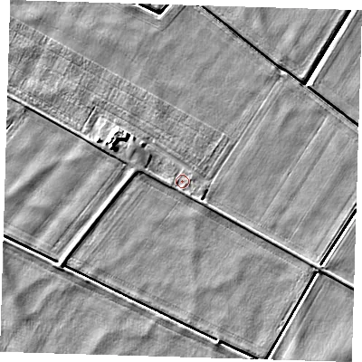 Shaded relief map of the ground around PE166XJ, computed from Environment Agency LiDAR. The ground here sits at about -1 m above sea level and falls 6 m across the surrounding 800 m. Surface water reaching this point runs off ground lying to the south, 0.8 m higher.