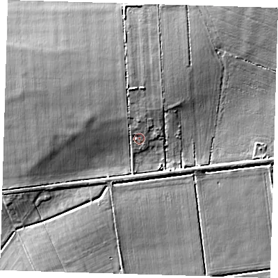 Shaded relief map of the ground around PE166XP, computed from Environment Agency LiDAR. The ground here sits at about 2 m above sea level and falls 7 m across the surrounding 800 m. Surface water reaching this point runs off ground lying to the north-north-west, 2.5 m higher.