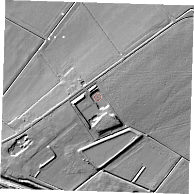 Shaded relief map of the ground around PE166XU, computed from Environment Agency LiDAR. The ground here sits at about 1 m above sea level and falls 10 m across the surrounding 800 m. Surface water reaching this point runs off ground lying to the west-south-west, 6.4 m higher.