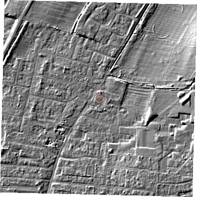 Shaded relief map of the ground around PE191AA, computed from Environment Agency LiDAR. The ground here sits at about 16 m above sea level and falls 6 m across the surrounding 800 m. Surface water reaching this point runs off ground lying to the east, 0.5 m higher.