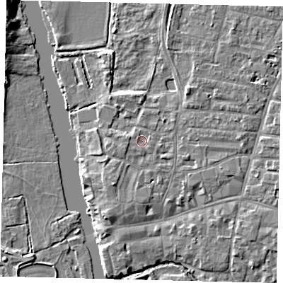 Shaded relief map of the ground around PE191AB, computed from Environment Agency LiDAR. The ground here sits at about 16 m above sea level and falls 7 m across the surrounding 800 m. Surface water reaching this point runs off ground lying to the west, 1.1 m higher.