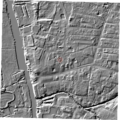 Shaded relief map of the ground around PE191AE, computed from Environment Agency LiDAR. The ground here sits at about 16 m above sea level and falls 4 m across the surrounding 800 m. Surface water reaching this point runs off ground lying to the west-south-west, 1.8 m higher.