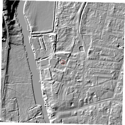 Shaded relief map of the ground around PE191AF, computed from Environment Agency LiDAR. The ground here sits at about 15 m above sea level and falls 12 m across the surrounding 800 m. Surface water reaching this point runs off ground lying to the south-south-west, 2.8 m higher.