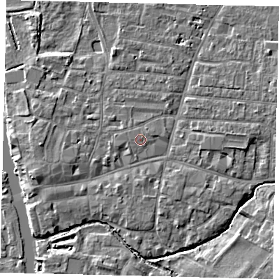 Shaded relief map of the ground around PE191AG, computed from Environment Agency LiDAR. The ground here sits at about 16 m above sea level and falls 5 m across the surrounding 800 m. The ground contributing surface water to this point lies to the west-south-west.