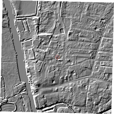 Shaded relief map of the ground around PE191AH, computed from Environment Agency LiDAR. The ground here sits at about 16 m above sea level and falls 4 m across the surrounding 800 m. Surface water reaching this point runs off ground lying to the south-west, 2.2 m higher.
