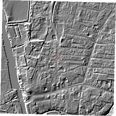 Shaded relief map of the ground around PE191AJ, computed from Environment Agency LiDAR. The ground here sits at about 16 m above sea level and falls 4 m across the surrounding 800 m. Surface water reaching this point runs off ground lying to the east, 1.1 m higher.