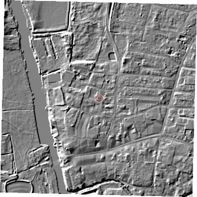 Shaded relief map of the ground around PE191AL, computed from Environment Agency LiDAR. The ground here sits at about 16 m above sea level and falls 4 m across the surrounding 800 m. Surface water reaching this point runs off ground lying to the south-south-west, 2.2 m higher.