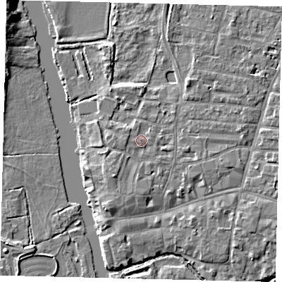 Shaded relief map of the ground around PE191AN, computed from Environment Agency LiDAR. The ground here sits at about 16 m above sea level and falls 7 m across the surrounding 800 m. Surface water reaching this point runs off ground lying to the south-south-west, 2.0 m higher.