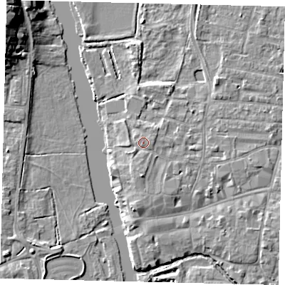 Shaded relief map of the ground around PE191AP, computed from Environment Agency LiDAR. The ground here sits at about 16 m above sea level and falls 12 m across the surrounding 800 m. Surface water reaching this point runs off ground lying to the south, 1.8 m higher.
