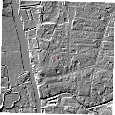 Shaded relief map of the ground around PE191AQ, computed from Environment Agency LiDAR. The ground here sits at about 16 m above sea level and falls 4 m across the surrounding 800 m. Surface water reaching this point runs off ground lying to the south, 1.8 m higher.