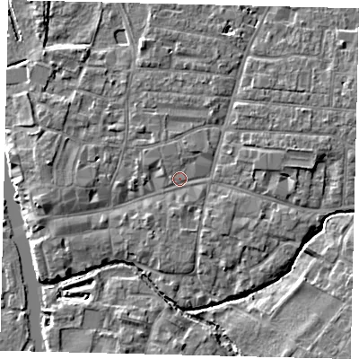 Shaded relief map of the ground around PE191AS, computed from Environment Agency LiDAR. The ground here sits at about 16 m above sea level and falls 5 m across the surrounding 800 m. Surface water reaching this point runs off ground lying to the north-west, 0.7 m higher.
