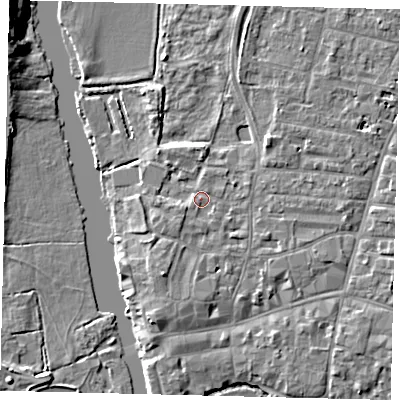Shaded relief map of the ground around PE191AT, computed from Environment Agency LiDAR. The ground here sits at about 16 m above sea level and falls 9 m across the surrounding 800 m. Surface water reaching this point runs off ground lying to the south-south-west, 2.3 m higher.